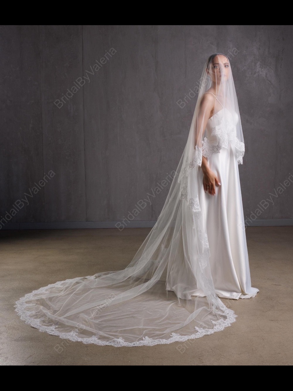 Cathedral Lace Wedding Veil: Long Ivory Bridal Veil, 2 Tier Fingertip Veil